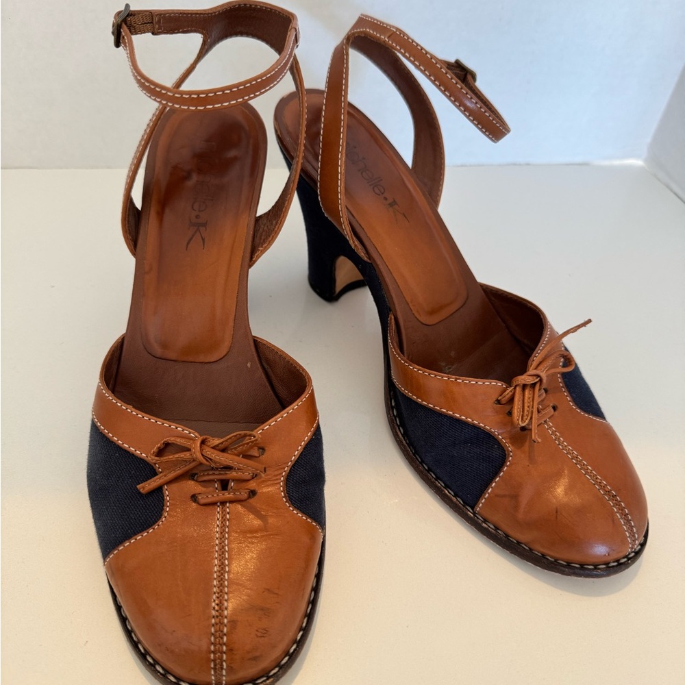 Michelle K Neutral Leather & Navy Fabric T-Strap Women's Heels